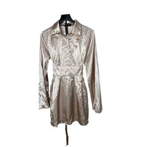 Cider Women Champagne Beige Satin Long Flared Sleeve Shirt Mini Dress Size 
S
